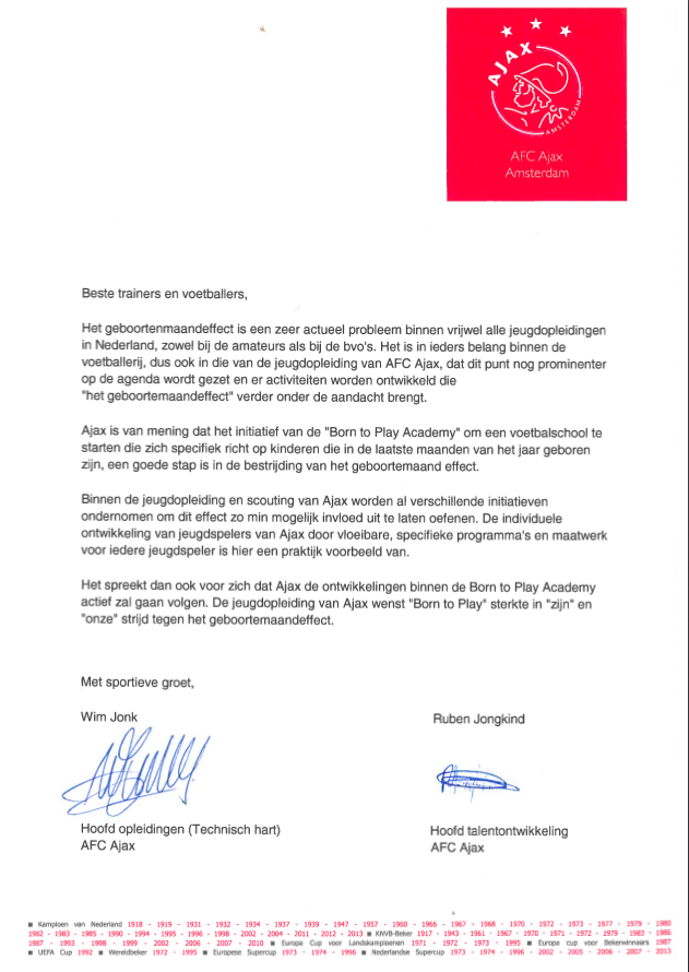 Endorsenment letter van Ajax naar Born to Play. 