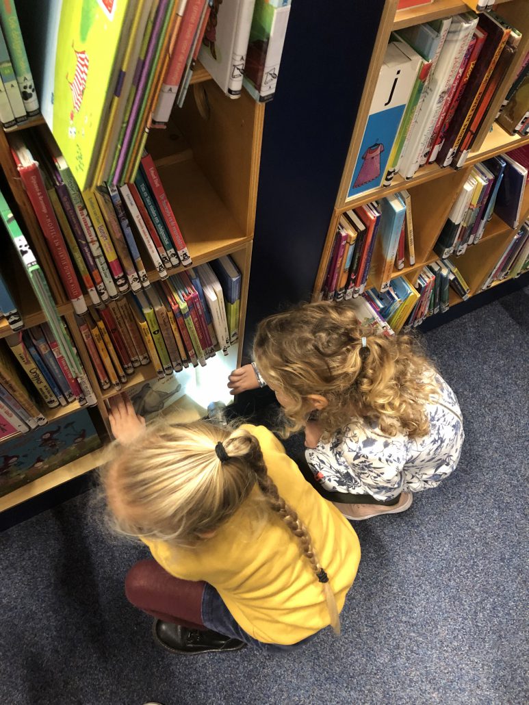 Twee meisjes zitten voor de boekenkast in de bibliotheek. De een heeft blond haar in een paardenstaart en een geel truitje, de ander heeft donkerblonde krullen in een paardenstaart en een wit met grijs truitje.