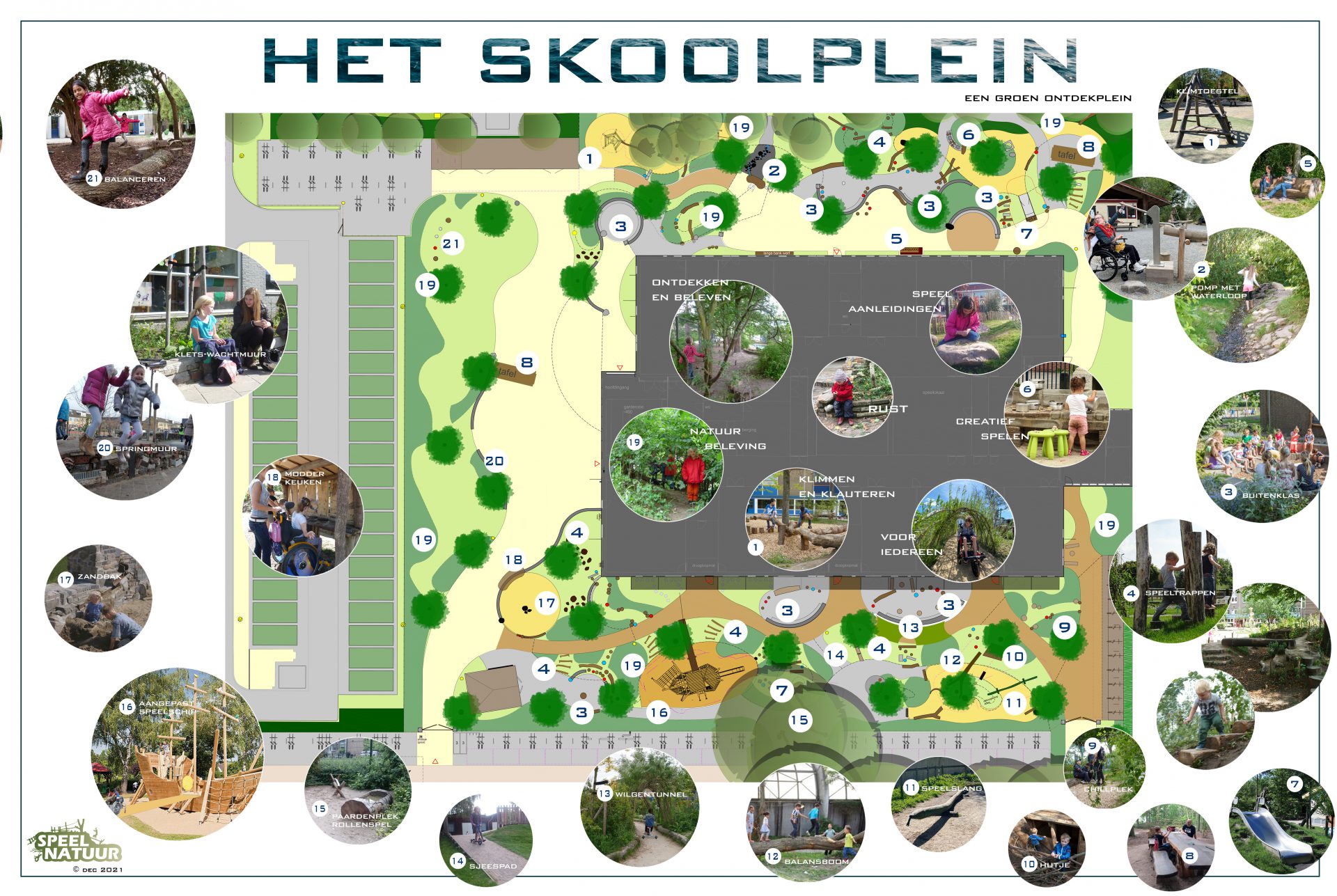 Een plattegrond van het openbare speelplein bij de Skool in Den Burg met uitsnedes waarin details zichtbaar zijn