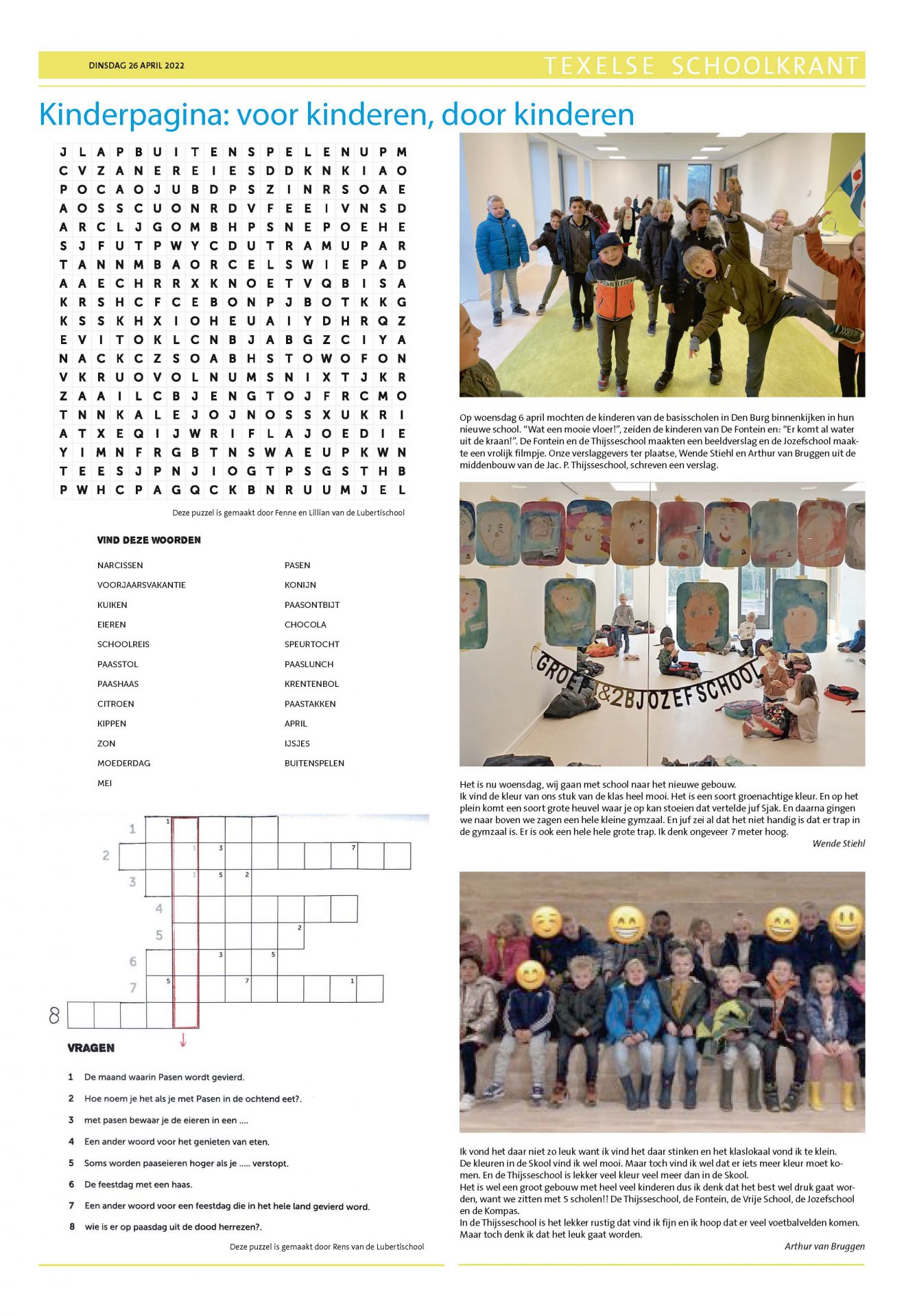 Een krantenpagina met twee puzzels en foto's van kinderen in hun nieuwe schoolgebouw.